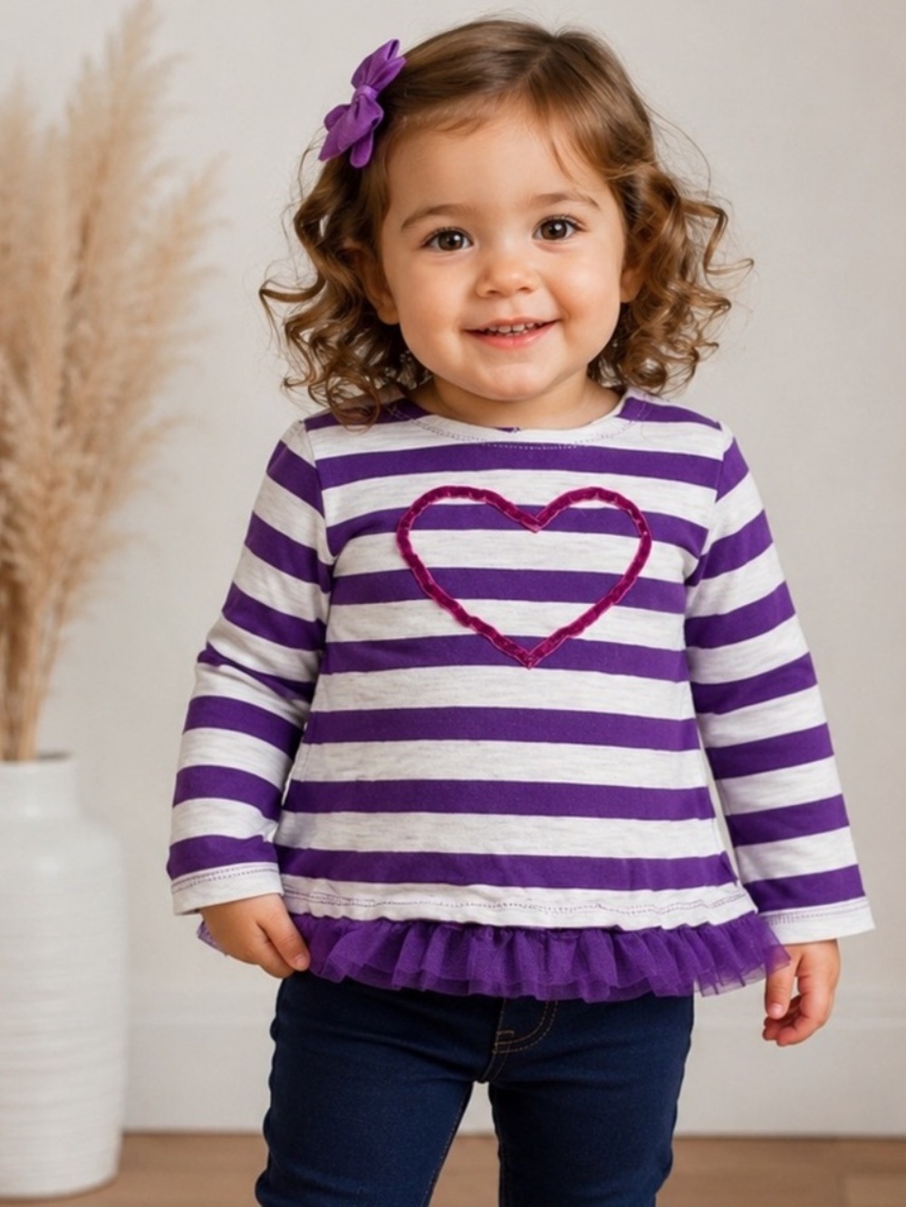 Koala Kids Girls 18M Purple Striped Heart Ruffle Tunic Top